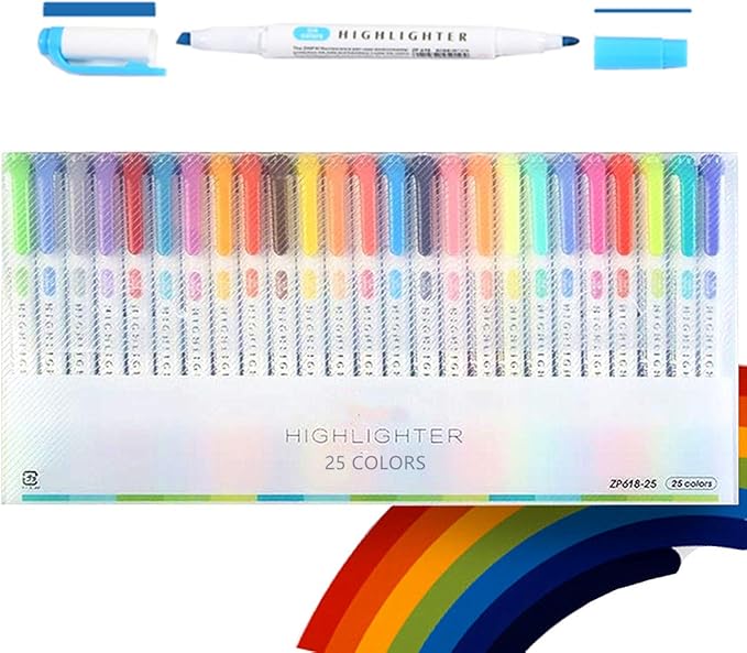 25 Color Dual Tip Highlighters Set, Fine/Bold Mild